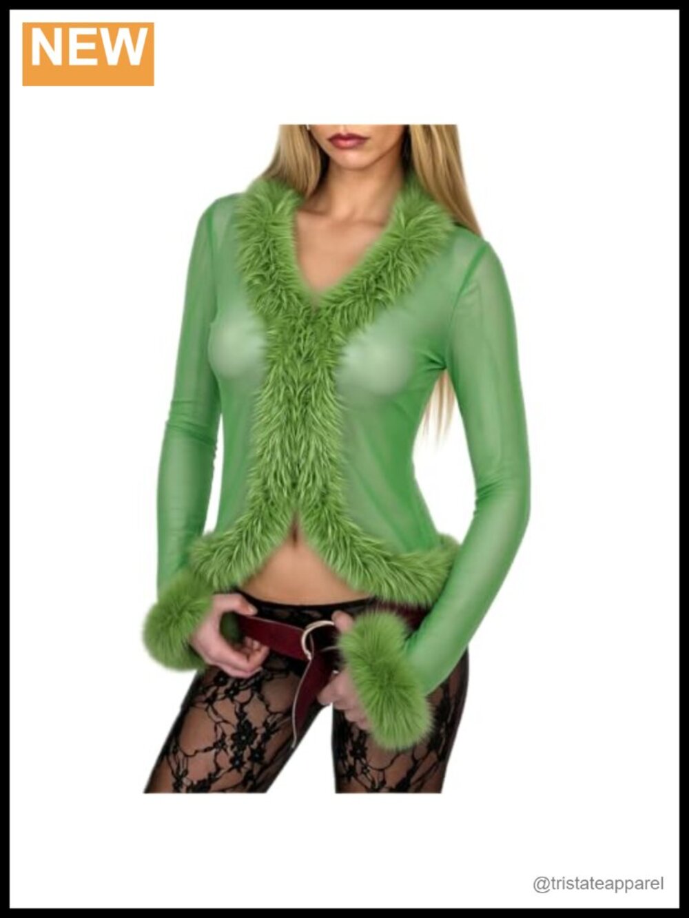 Women Mesh Faux Fur Trim Top Sheer Fuzzy Long Sleeve V Neck Crop Blouse Party